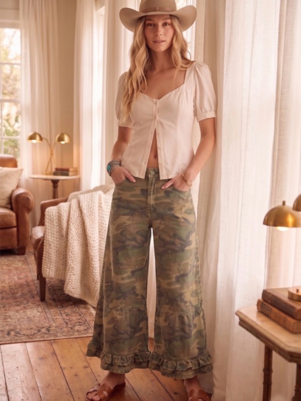 Camo Wide-Leg Ruffle-Hem Jeans